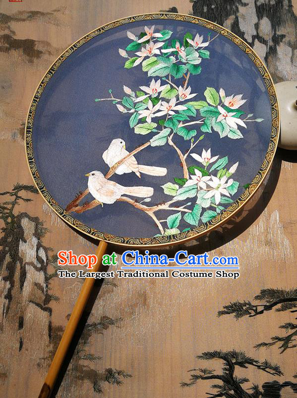 Handmade China Traditional Circular Fan Palace Fan Embroidered Flowers Birds Fan Hanfu Blue Silk Fan