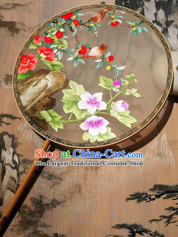 China Traditional Hanfu Silk Fan Circular Fan Embroidered Flowers Birds Fan Handmade Palace Fan