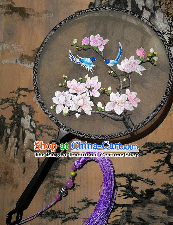 China Embroidered Mangnolia Circular Fan Handmade Black Silk Fans Palace Fan Traditional Hanfu Fan