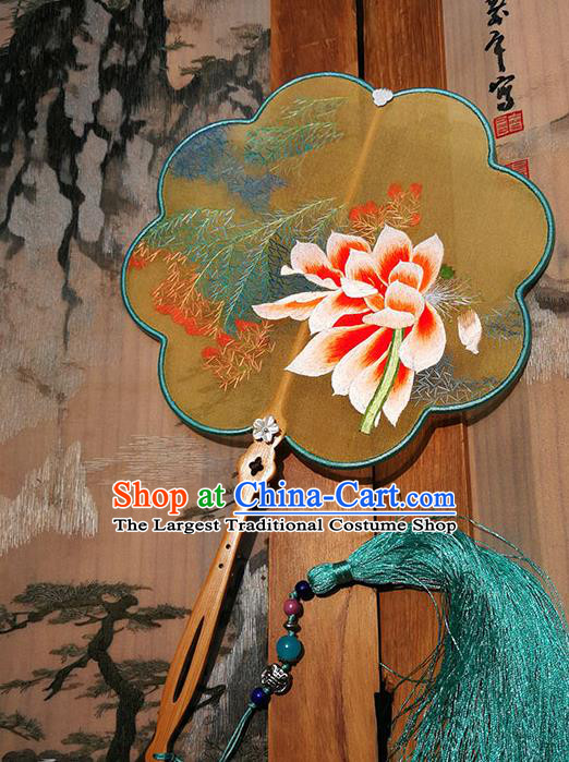 China Embroidered Peony Fan Traditional Hanfu Fan Handmade Yellow Silk Fans Palace Fan