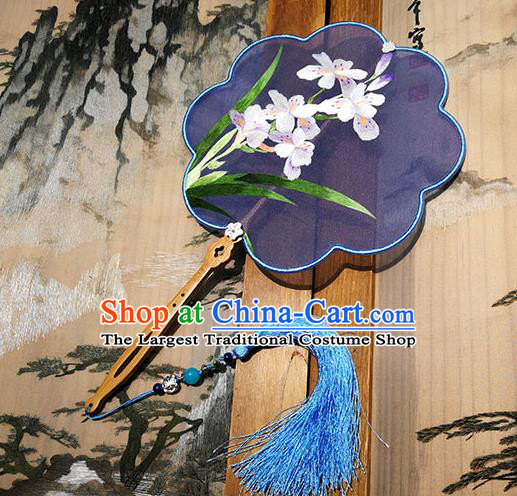 China Handmade Purple Silk Fans Traditional Hanfu Fan Palace Fan Embroidered Orchids Fan