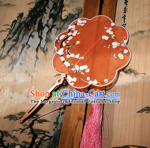 China Handmade Orange Silk Fans Palace Fan Traditional Hanfu Fan Embroidered Plum Birds Fan