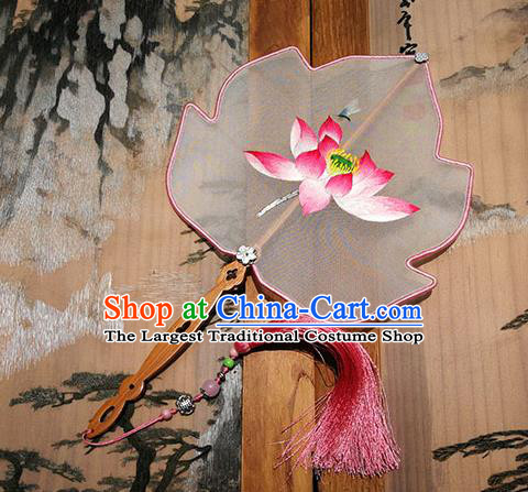 China Traditional Hanfu Fan Handmade Silk Fans Palace Fan Embroidered Pink Lotus Fan