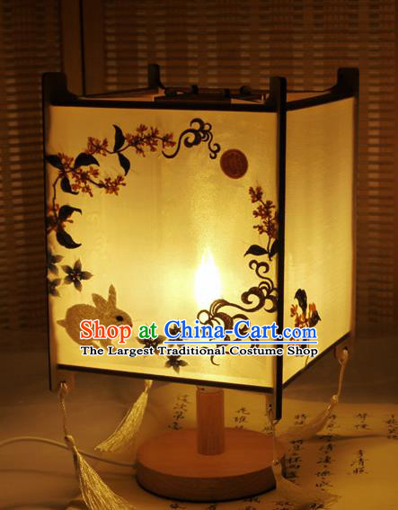 China Handmade Embroidered Rabbit Lamp Classical Cloth Palace Lantern Traditional New Year Desk Lantern