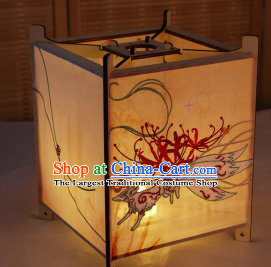 China Classical Palace Lantern Traditional Spring Festival Pink Silk Lanterns Handmade Embroidered Nine Tails Fox Portable Lamp