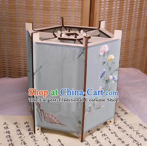 China Traditional Light Blue Silk Hexagon Lanterns Handmade Hanging Lamp Classical Embroidered Peony Palace Lantern