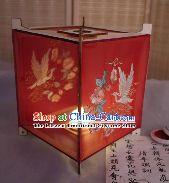 China Classical Red Palace Lantern Handmade Embroidered Crane Lamp Traditional Spring Festival Desk Lantern