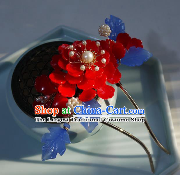 China Ming Dynasty Hair Comb Ancient Palace Princess Red Begonia Hairpin