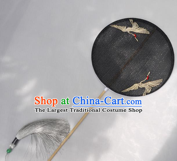 China Traditional Tang Dynasty Princess Fan Handmade Embroidered Cranes Palace Fan Classical Black Silk Circular Fan