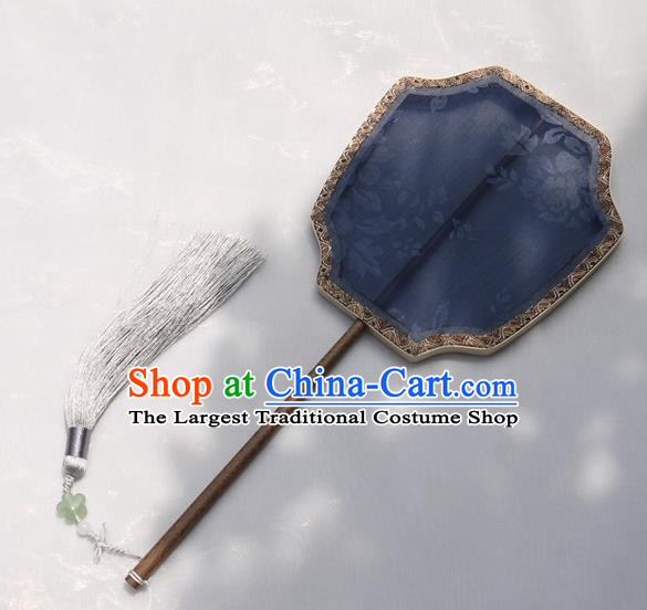 China Handmade Palace Fan Classical Peony Pattern Blue Silk Fan Traditional Hanfu Fan