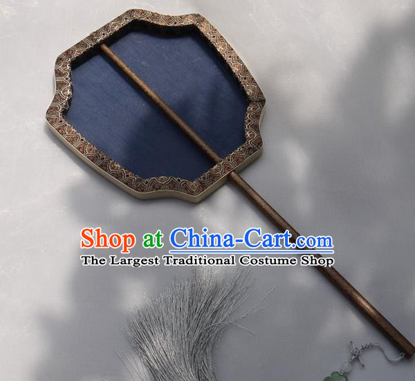 China Handmade Palace Fan Classical Peony Pattern Blue Silk Fan Traditional Hanfu Fan