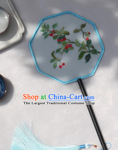 China Handmade Embroidered Cherry Palace Fan Classical Silk Fan Traditional Hanfu Octagon Fan