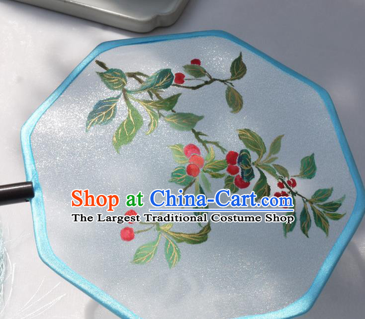 China Handmade Embroidered Cherry Palace Fan Classical Silk Fan Traditional Hanfu Octagon Fan
