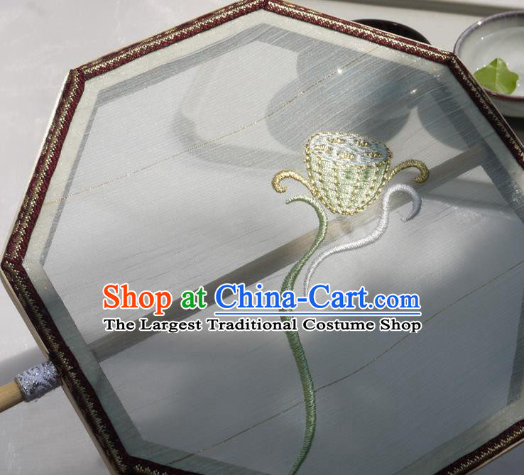 China Traditional Hanfu Octagon Fan Handmade Embroidered Lotus Palace Fan Classical Silk Fan