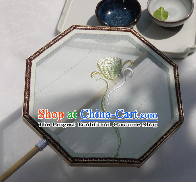 China Traditional Hanfu Octagon Fan Handmade Embroidered Lotus Palace Fan Classical Silk Fan