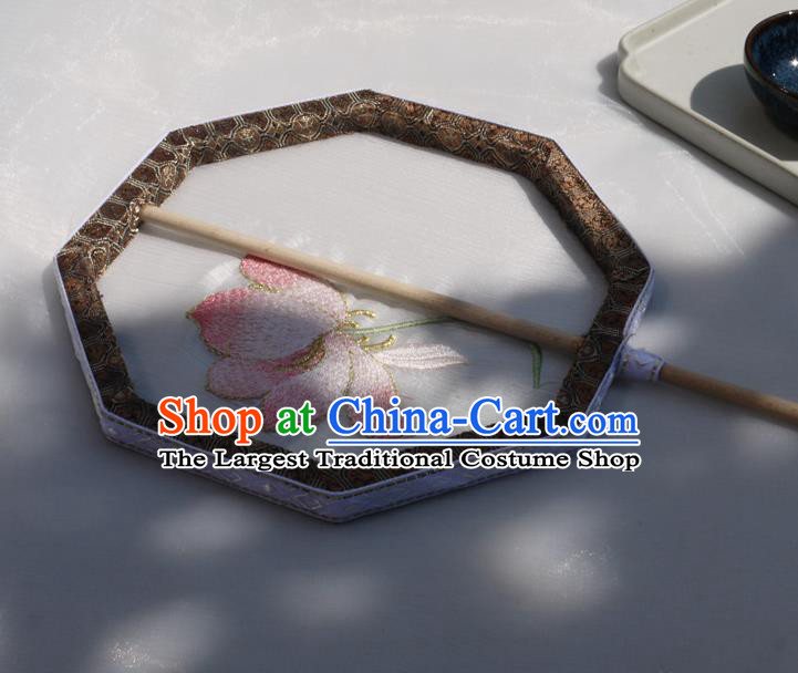 China Classical Silk Fan Traditional Hanfu Octagon Fan Handmade Embroidered Lotus Palace Fan