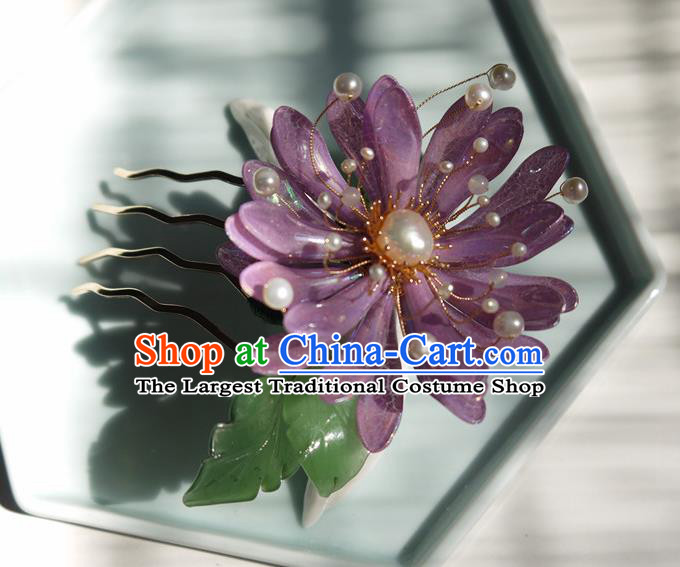 China Handmade Purple Chrysanthemum Hair Comb Traditional Hanfu Pearls Hairpin Hair Accessories