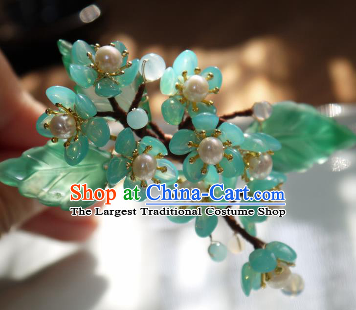 China Traditional Ming Dynasty Hanfu Pearls Hairpin Hair Accessories Handmade Ancient Princess Green Plum Hair Stick