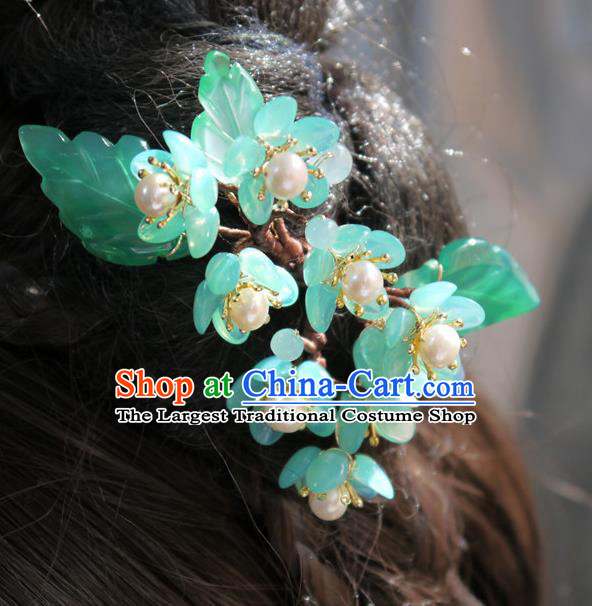 China Traditional Ming Dynasty Hanfu Pearls Hairpin Hair Accessories Handmade Ancient Princess Green Plum Hair Stick