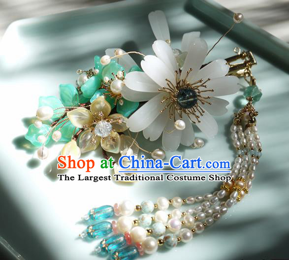 China Traditional Ming Dynasty Pearls Tassel Hairpin Handmade Ancient Princess Chrysanthemum Hair Stick