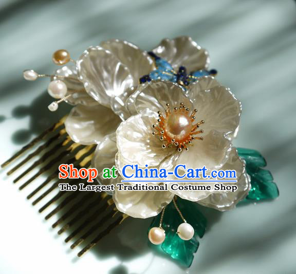 China Handmade Ancient Princess Shell Gardenia Hair Comb Traditional Ming Dynasty Pearls Hairpin