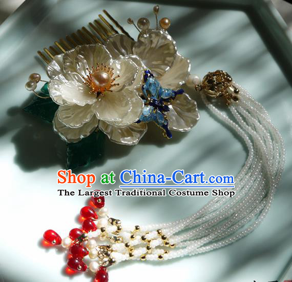 China Handmade Ancient Princess Beads Tassel Hair Comb Traditional Ming Dynasty Shell Gardenia Hairpin