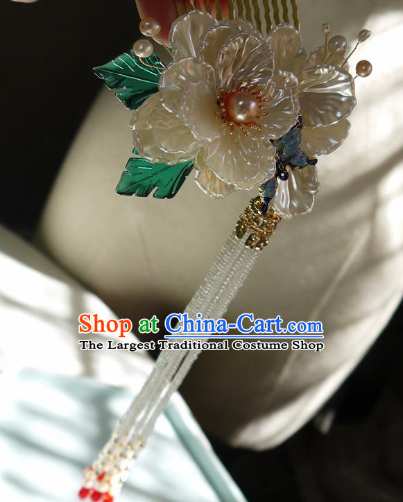 China Handmade Ancient Princess Beads Tassel Hair Comb Traditional Ming Dynasty Shell Gardenia Hairpin