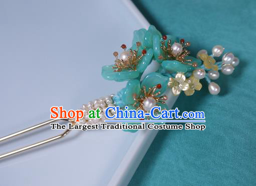 China Handmade Ancient Princess Green Plum Hair Stick Traditional Ming Dynasty Pearls Hairpin