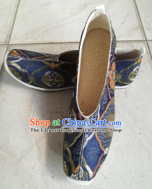 Chinese Traditional Song Dynasty Scholar Strong Cloth Soles Shoes Ancient Official Navy Brocade Shoes for Men