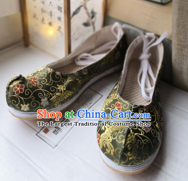 Chinese Ming Dynasty Scholar Shoes Traditional Strong Cloth Soles Shoes Ancient Noble Childe Olive Green Brocade Shoes