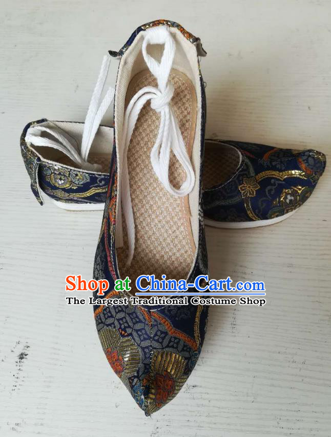 Chinese Ancient Scholar Navy Brocade Shoes Ming Dynasty Prince Shoes Traditional Hanfu Bow Shoes