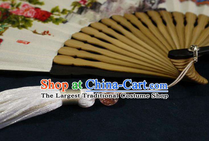 China Classical Painting Peacock Peony Silk Fan Traditional Folding Fan Handmade Accordion