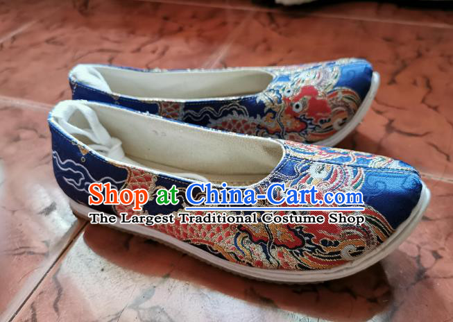 Chinese Traditional Blue Brocade Shoes Hanfu Shoes Ancient Ming Dynasty Shoes for Men