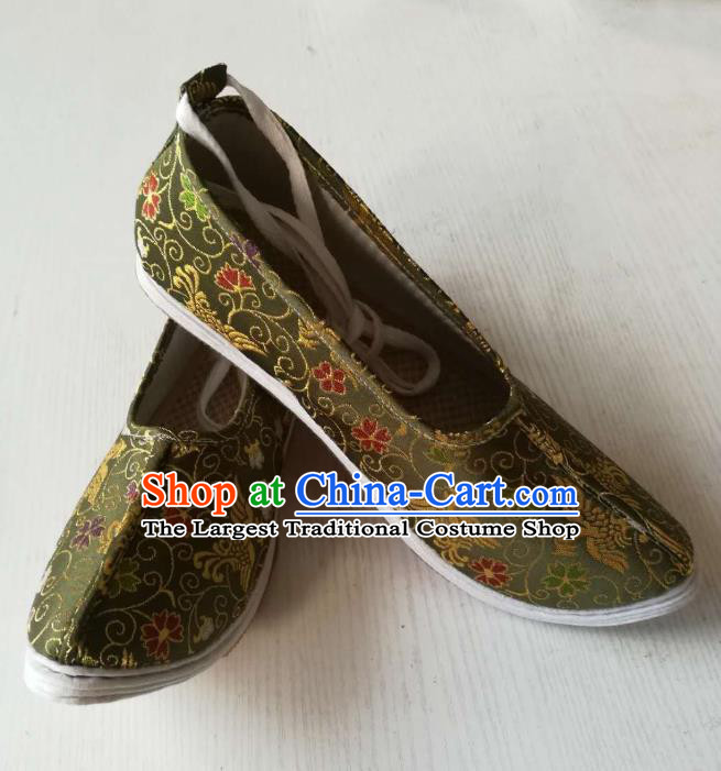 Chinese Traditional Olive Green Hanfu Shoes Wedding Shoes Handmade Classical Phoenix Pattern Brocade Shoes