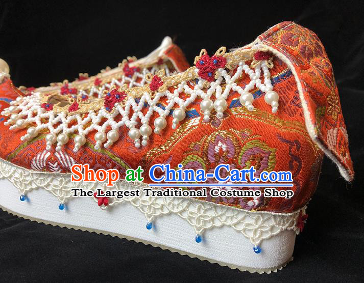 China Classical Red Brocade Shoes Ancient Princess Pearls Shoes Traditional Ming Dynasty Wedding Hanfu Shoes