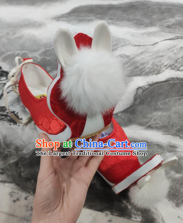 China Classical Red Brocade Shoes Hanfu Venonat Rabbit Shoes Traditional Tang Dynasty Princess Shoes
