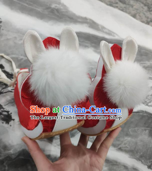 China Classical Red Brocade Shoes Hanfu Venonat Rabbit Shoes Traditional Tang Dynasty Princess Shoes