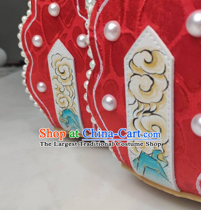 China Traditional Tang Dynasty Princess Shoes Classical Red Brocade Shoes Hanfu Pearls Shoes