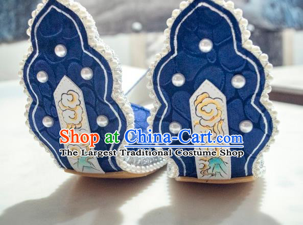 China Hanfu Pearls Shoes Traditional Song Dynasty Princess Shoes Classical Royalblue Brocade Shoes
