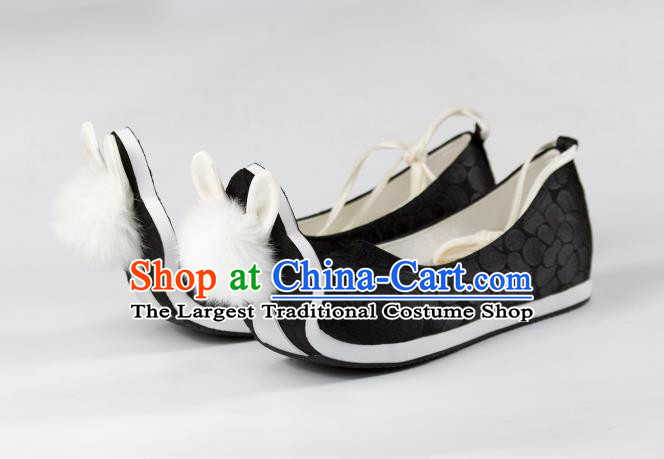 China Traditional Tang Dynasty Princess Shoes Classical Black Brocade Shoes Hanfu Venonat Rabbit Shoes
