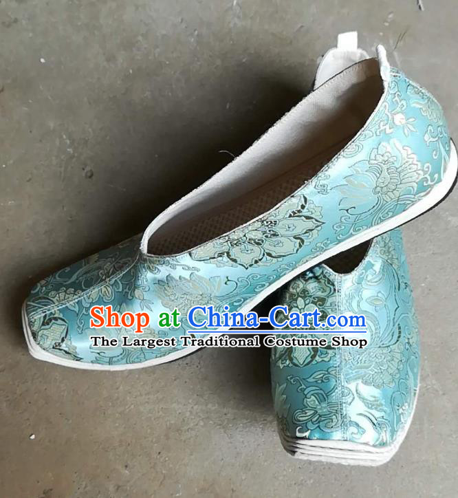 Chinese Ancient Prince Light Blue Brocade Shoes Traditional Song Dynasty Scholar Shoes for Men