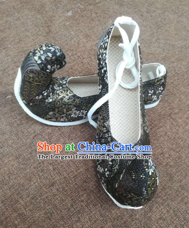 China Traditional Tang Dynasty Princess Shoes Wedding Black Satin Shoes Handmade Hanfu Shoes