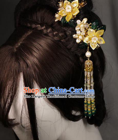 China Traditional Ming Dynasty Shell Jasminum Hairpin Handmade Ancient Princess Beads Tassel Hair Stick
