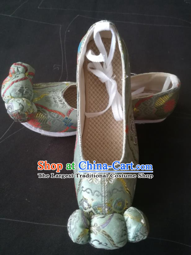 China Handmade Wedding Light Green Brocade Shoes Hanfu Shoes Traditional Ancient Tang Dynasty Princess Shoes