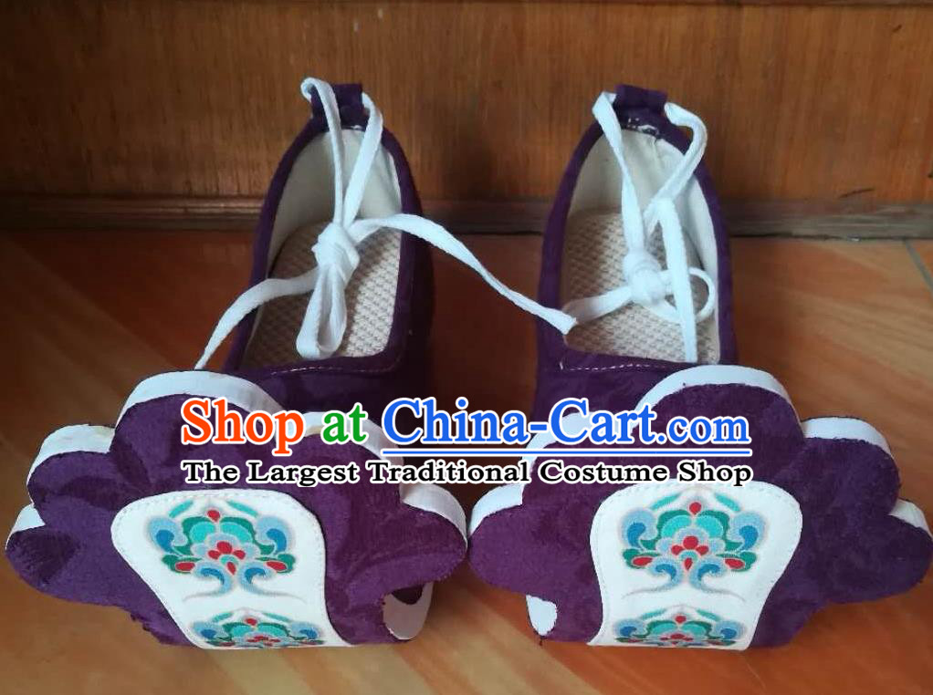 China Ancient Princess Lotus Shoes Traditional Tang Dynasty Hanfu Shoes Handmade Purple Cloth Shoes