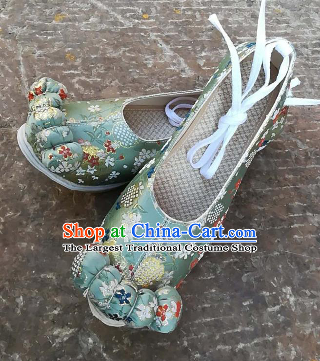 China Handmade Ancient Princess Shoes Green Satin Shoes Traditional Song Dynasty Wedding Brocade Shoes