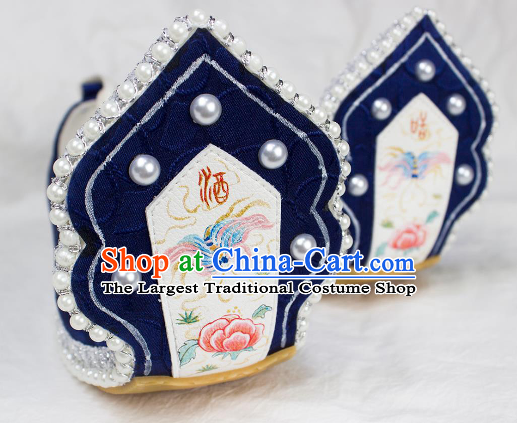 China Hanfu Printing Butterfly Peony Shoes Traditional Tang Dynasty Princess Royalblue Shoes Classical Pearls Shoes
