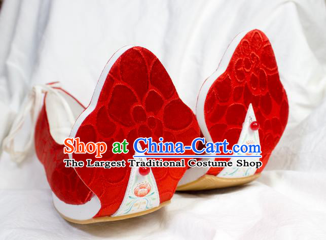 China Classical Red Brocade Shoes Traditional Tang Dynasty Princess Shoes Hanfu Hand Painting Peony Shoes