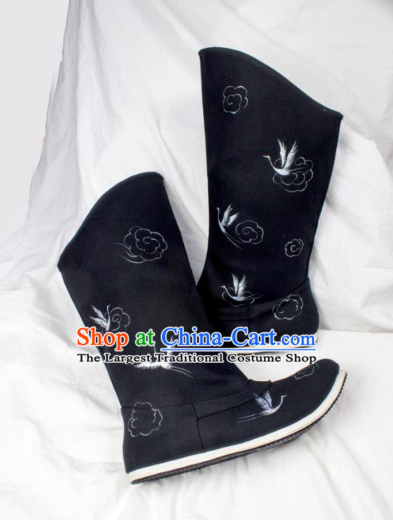 Chinese Traditional Ming Dynasty Swordsman Shoes Handmade Ancient Imperial Guard Painting Cranes Black Boots