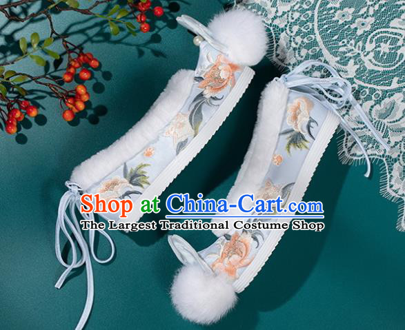 China Ming Dynasty Princess Shoes Classical Blue Brocade Shoes Traditional Embroidered Hanfu Shoes